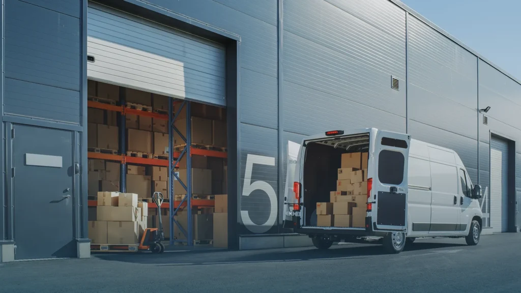 Delivery van being loaded with boxes at an open warehouse bay