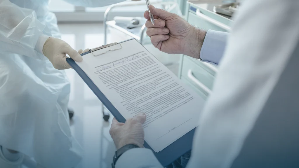 Two clinicians reviewing a signed document on a clipboard