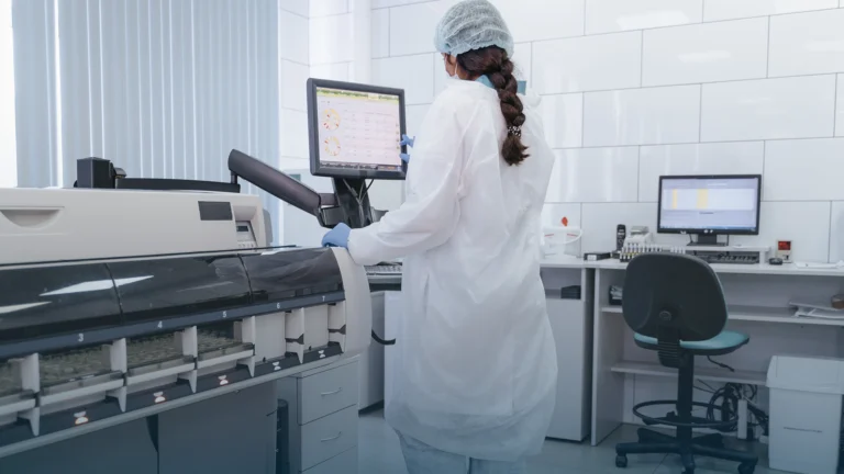 Technician in a lab coat and hair cover working at an automated pharmacy system