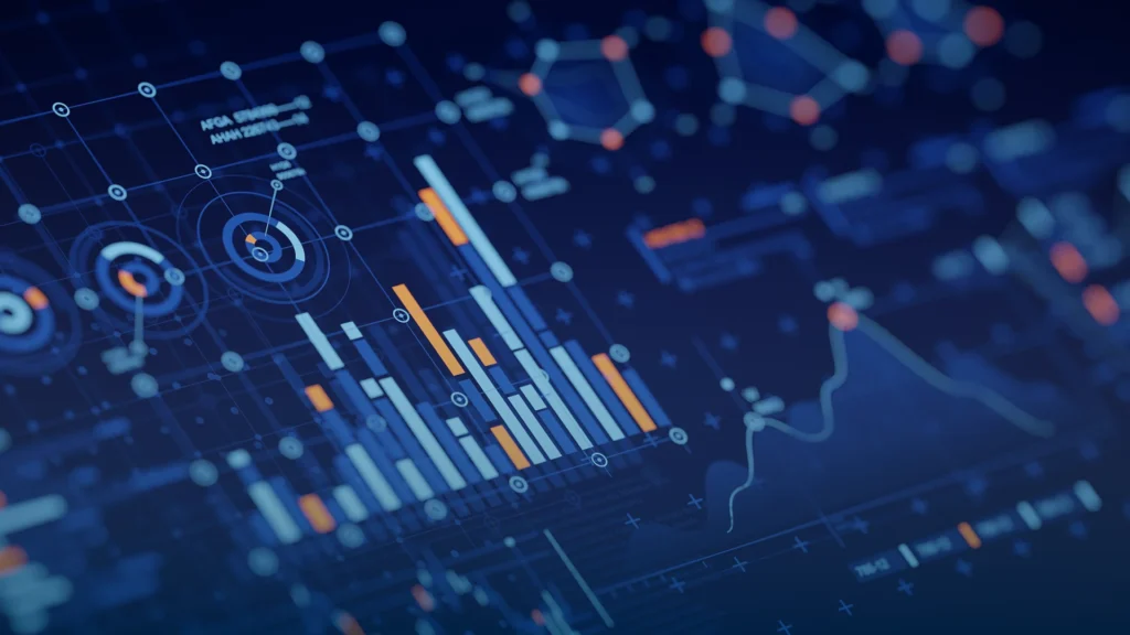 Abstract data dashboard with bar charts and gauges in blue and orange