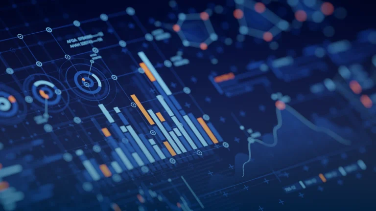 Abstract data dashboard with bar charts and gauges in blue and orange