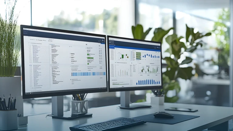 Two desktop monitors showing CRM dashboards and charts in a bright office