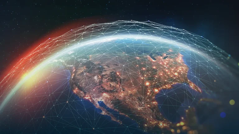 Network of connected points arcing over North America seen from space