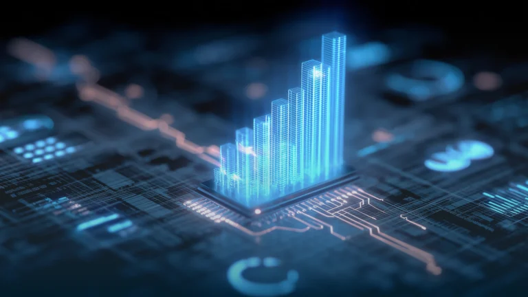 Glowing bar chart rising from a circuit board