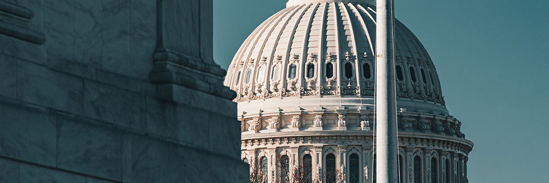 U.S. Capitol dome beside a marble column and flagpole