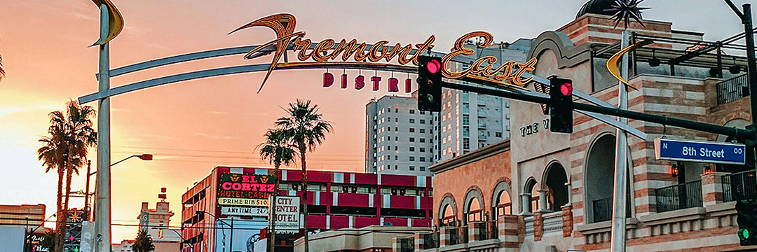 Fremont East District neon sign at sunset in Las Vegas, Nevada