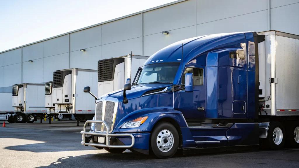 Blue semi-truck at a distribution center loading dock