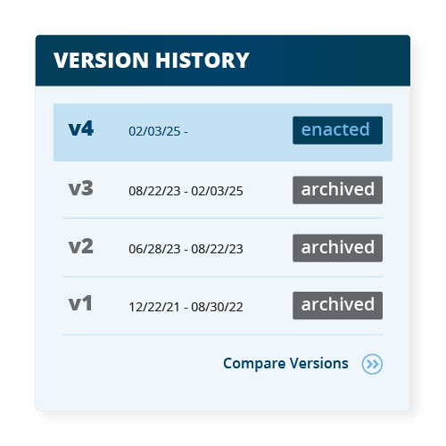 Regulation version history with enacted and archived versions